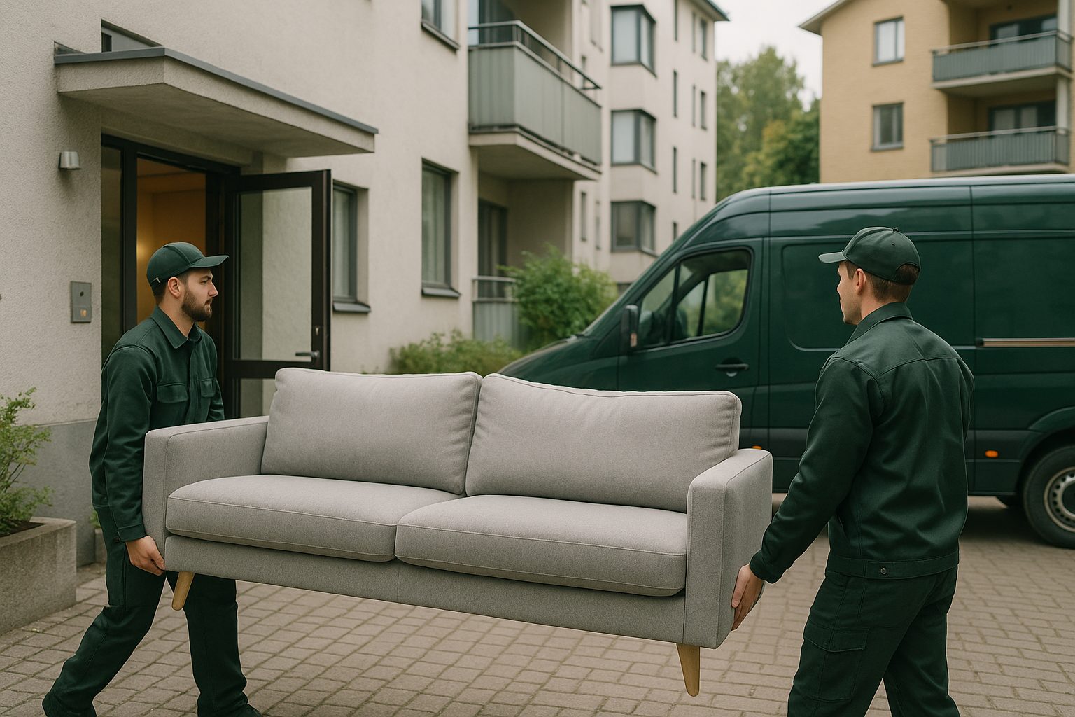 Työntekijät kantavat huonekaluja noutoautoon Turussa