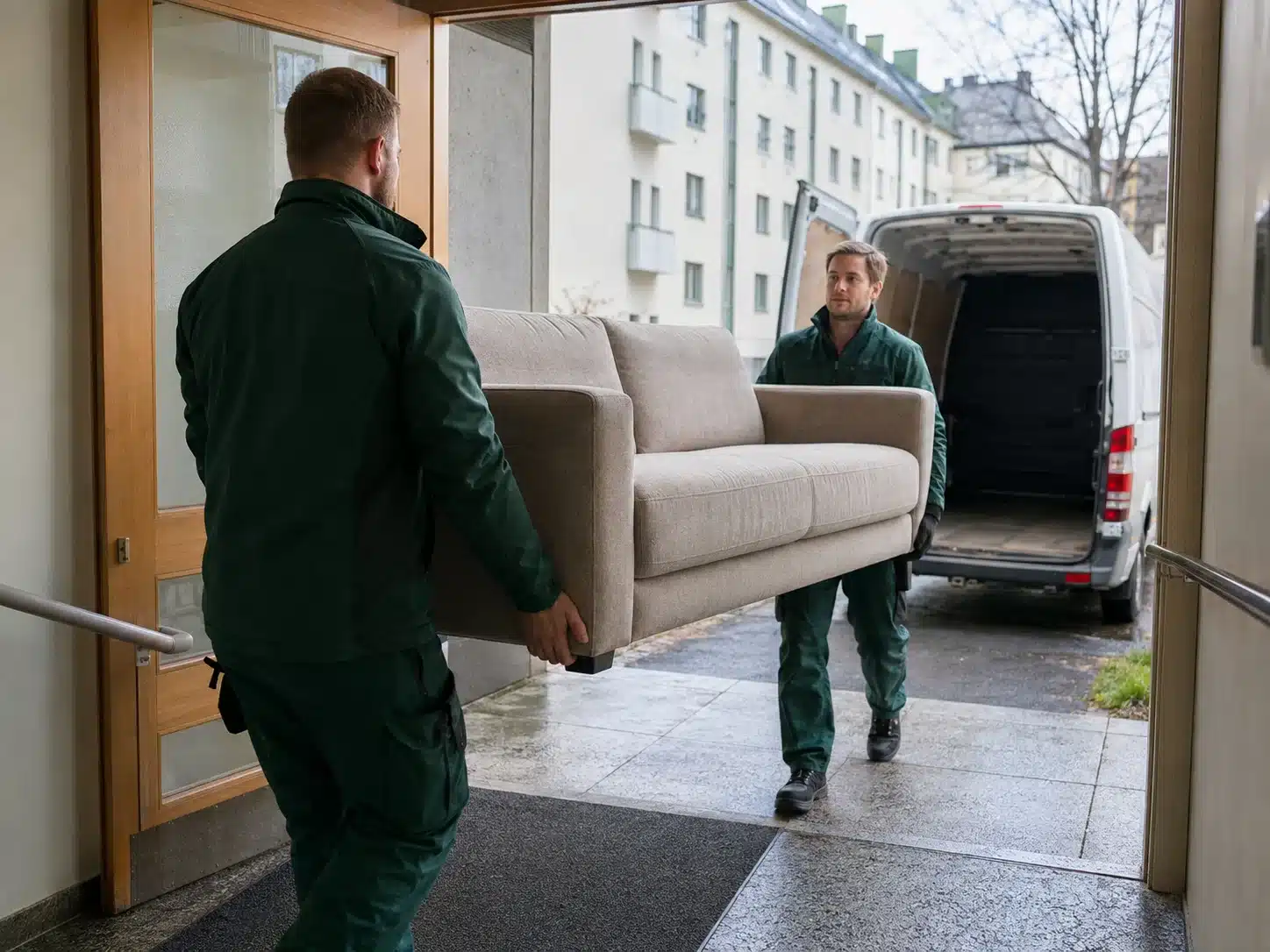 Tyontekijat kantavat sohvaa noutoautoon Turussa