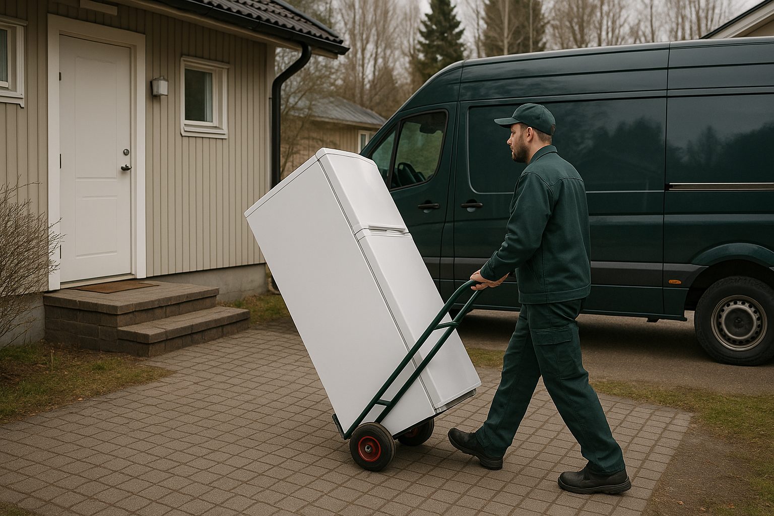 Työntekijä siirtää jääkaappia nokkakärryllä noutoautoon