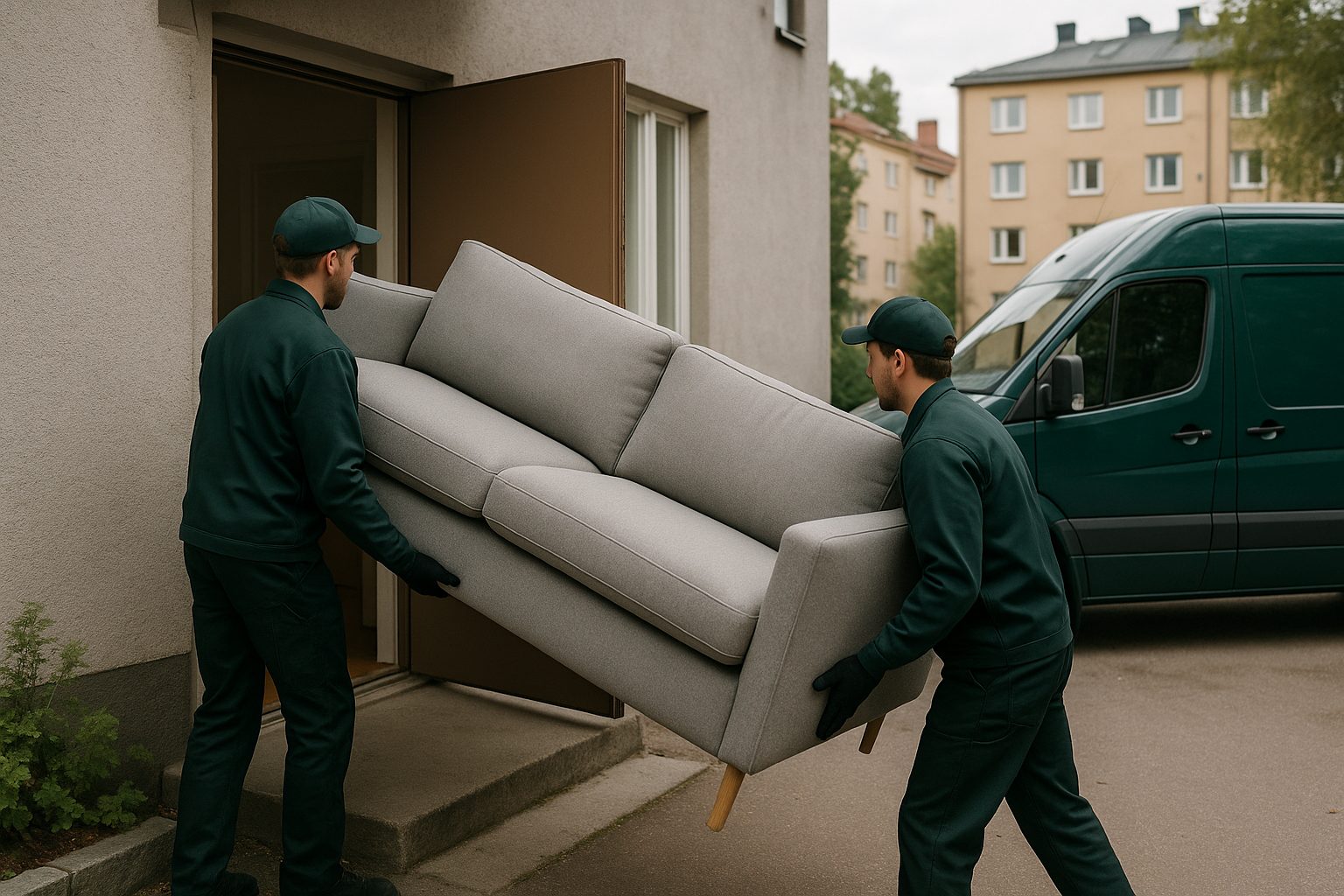 Työntekijät kantavat sohvaa ulos ovesta noudossa Turussa